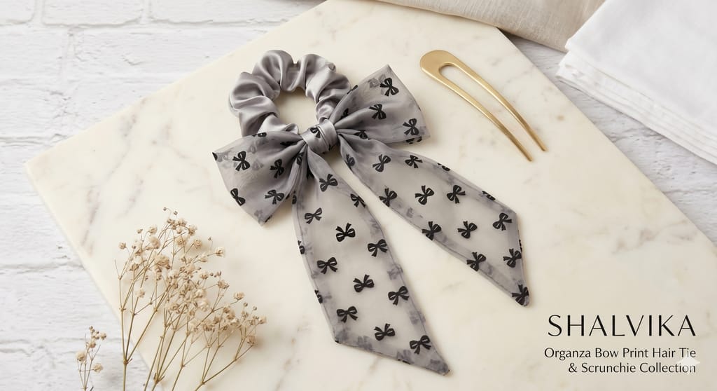 Organza Bow Print Ribbon Scrunchi